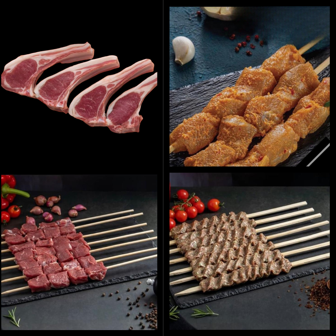 BBQ Mix 4 Kg (1kg Lambchops, 1kg Tawook Skewers, 1kg lamb cubes skewers, 1kg Kofta Skewers)